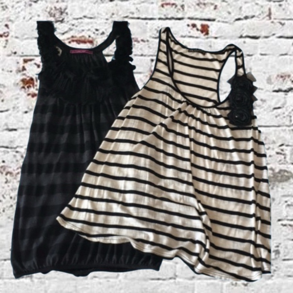 2 Flowy and Feminine Black & White/cream Tank Tops with Lace Rosettes. Lg/Xl